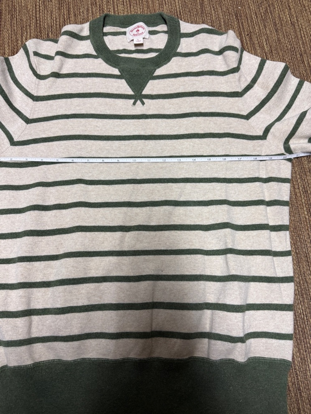 Brooks Brothers Cream & Green Striped Crewneck Sweater with Elbow Patches - Picture 5 of 5